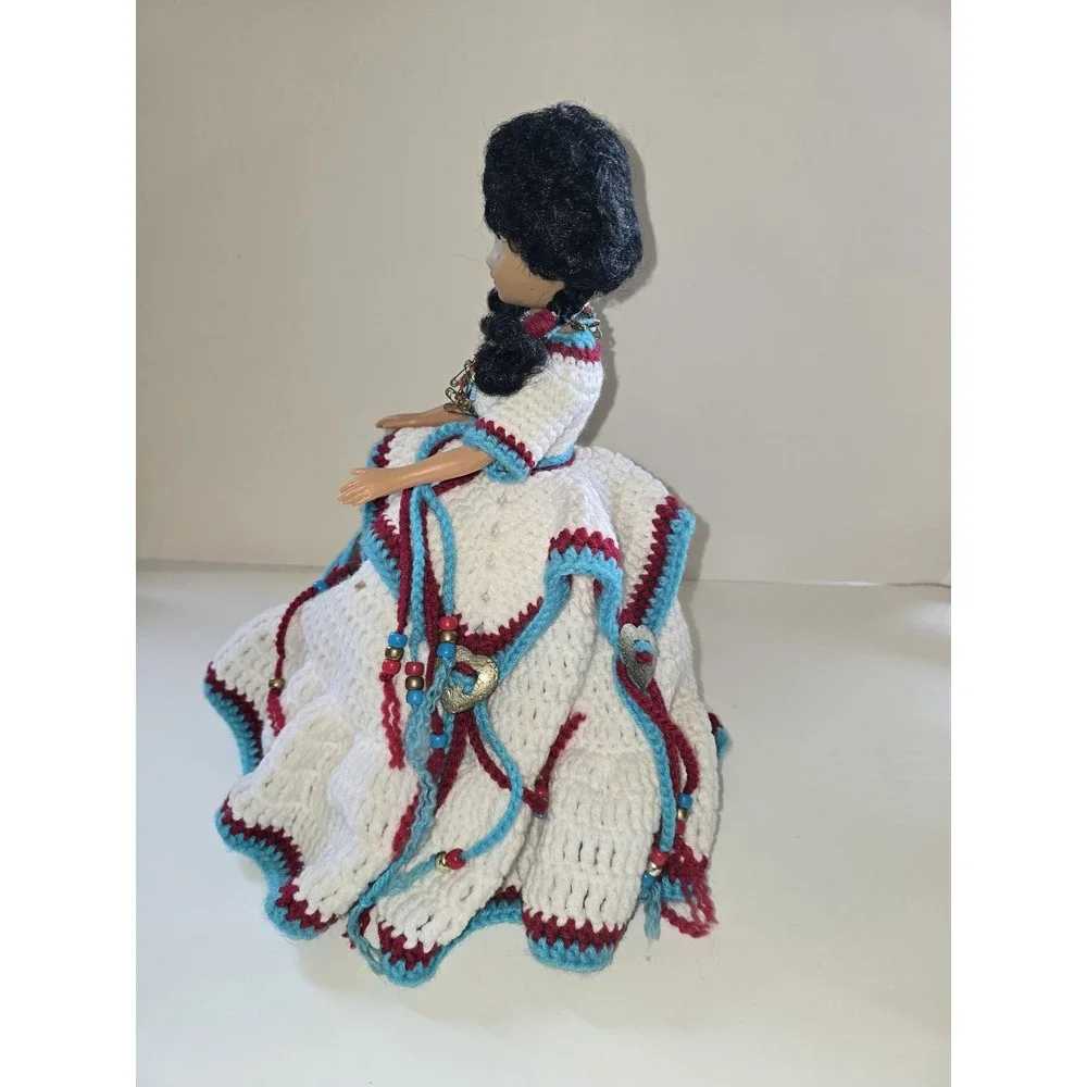 Vintage 12 Inch Fashion Doll Hand Crochet White Turquoise Burgundy Dress Beaded